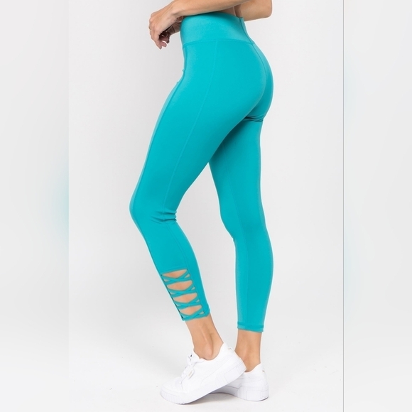 Active USA Pants - Active Women's Peacock Teal  High Waist Criss-cross Ankle Leggings Size S NWT